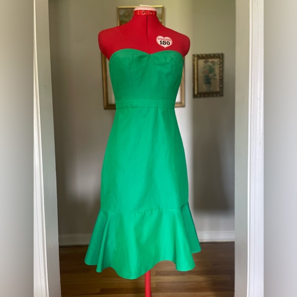 J. Crew Strapless Green Ruffle Hem Midi Party Dress Built in Corset - Picture 1 of 10